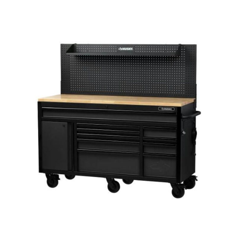 Husky mobile workbench in matte black with 10 drawers and pegboard
