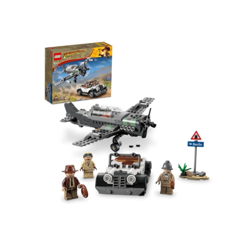Lego fighter plane chase building set with minifigures and vintage car