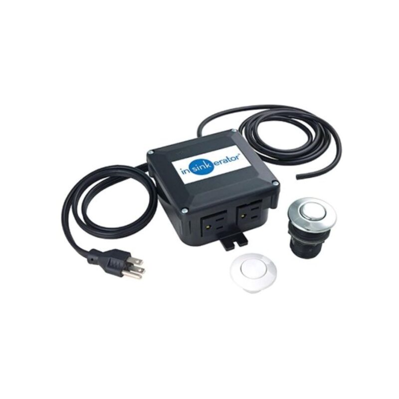 Insinkerator sink top switch in black with chrome and white buttons