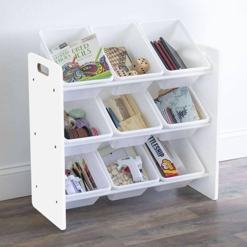 Lennox toy storage organizer in white with 9 plastic bins