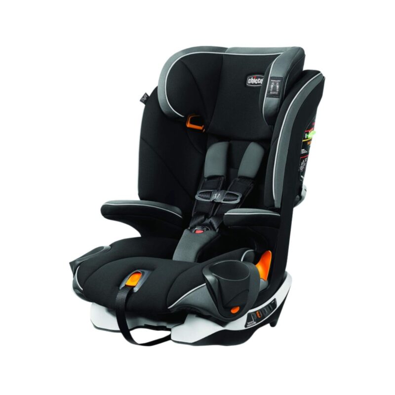 Chicco harness booster car seat in black and grey with professional photography