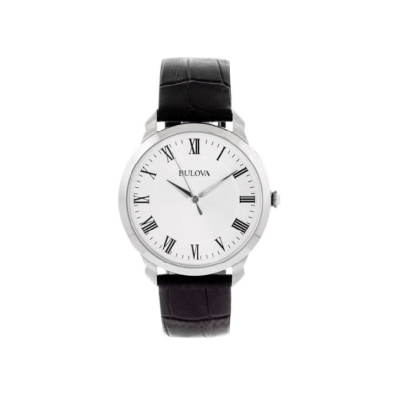 Bulova classic quartz watch in silver-tone with black leather strap