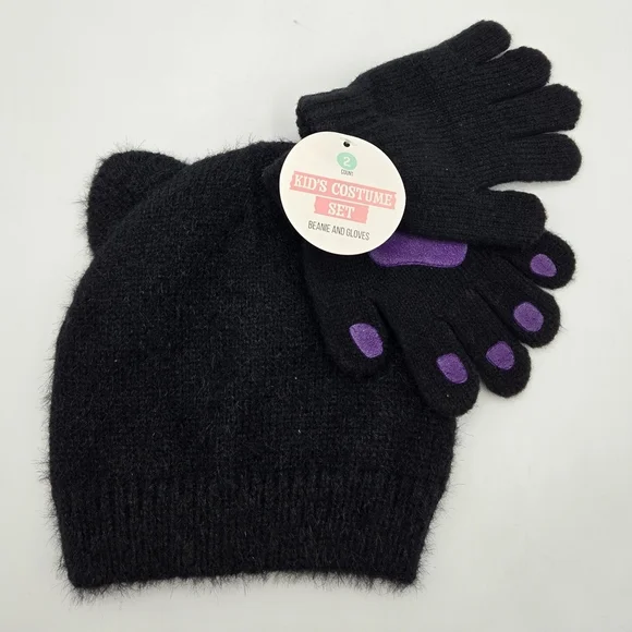 Beanie and Gloves cat costume beanie in black and purple for kids