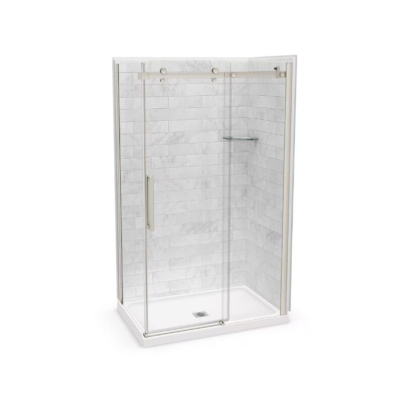 Maax corner shower kit in chrome finish with glass door