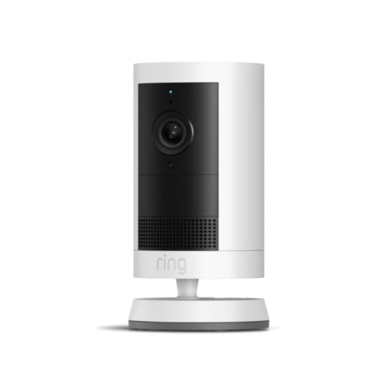 Ring Home Plans outdoor security camera in white with wide-angle lens