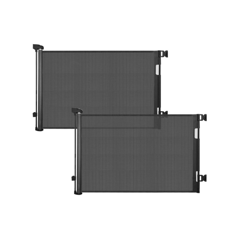 2 retractable baby gate in black mesh with easy locking feature