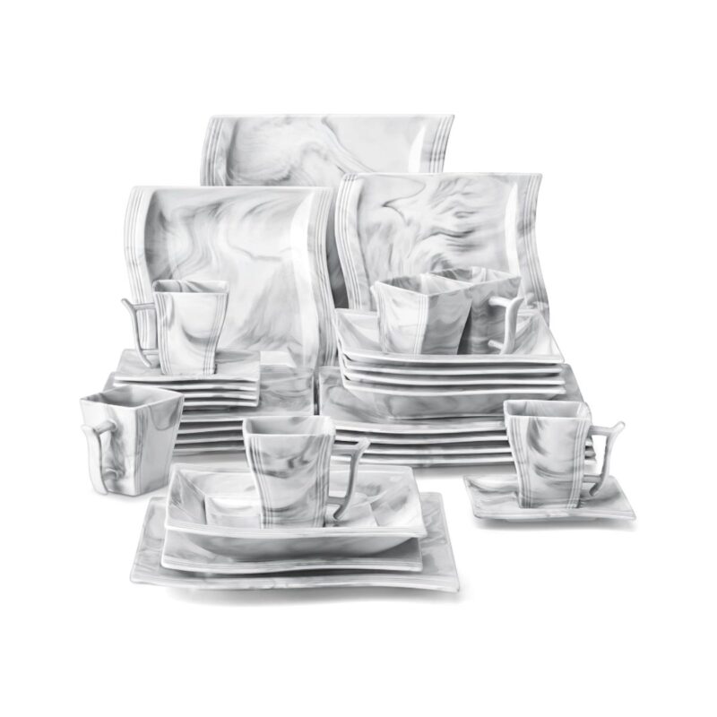 Malacasa dinnerware sets porcelain in marble grey with plates and bowls
