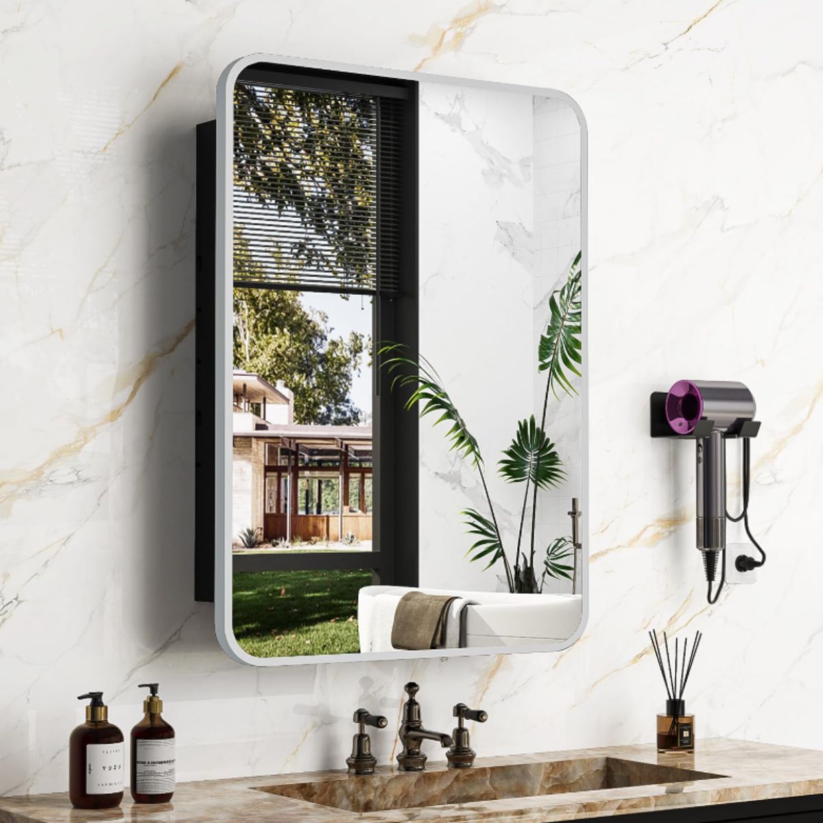 Recessed Medicine Cabinet - ACEMIRO Brushed Silver ACEMIRO recessed medicine cabinet in brushed silver with mirror and metal frame