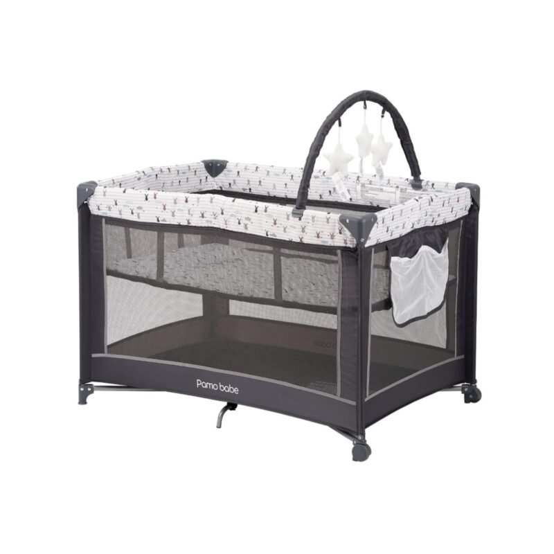 Pamo Babe portable baby playpen lightweight travel playard with mattress and wheels in rabbit design