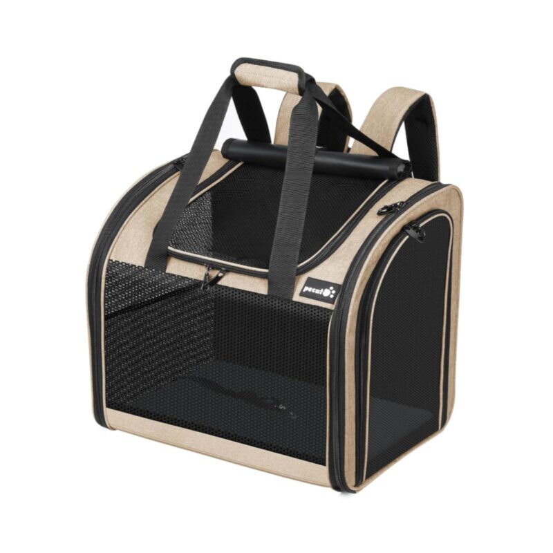 Pecute cat backpack carrier with widened interior and reinforced support in khaki