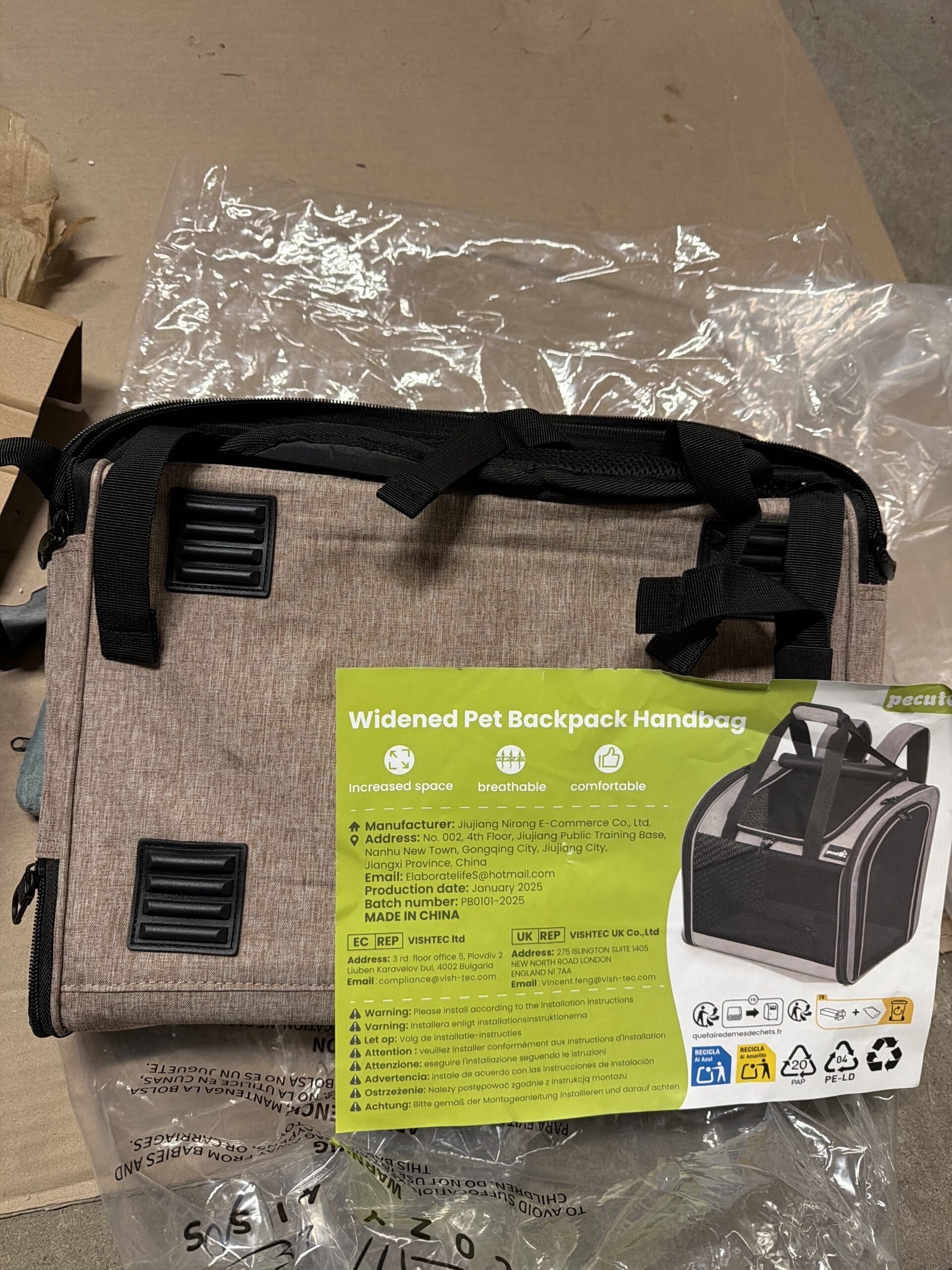 Pecute cat backpack carrier with widened interior and reinforced support in khaki