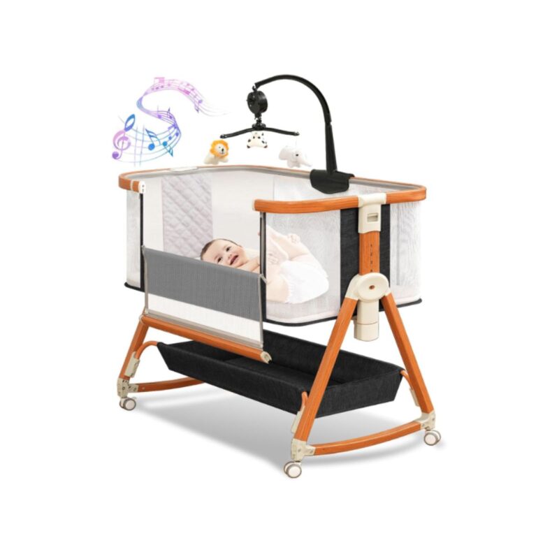 3 in 1 bassinet adjustable height bedside crib with musical toy in grey