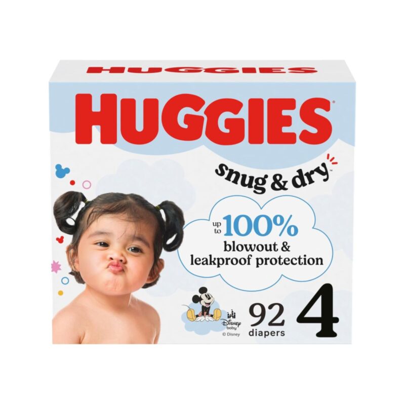Huggies size 4 diapers in snug and dry packaging, pack of 92