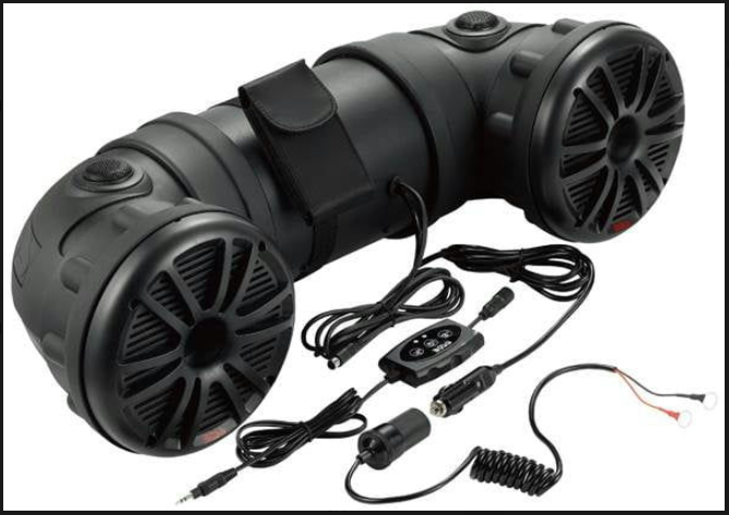 powersports audio system with weatherproof speakers in rugged design