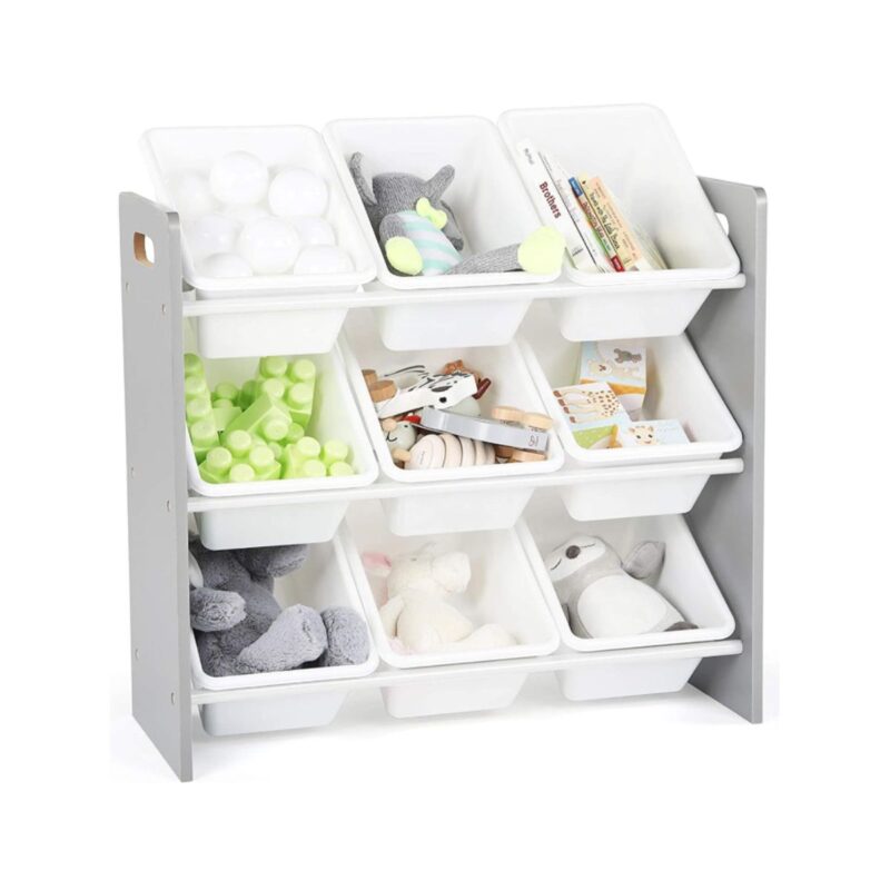 Lennox toys storage organizer with 9 grey plastic bins neatly arranged