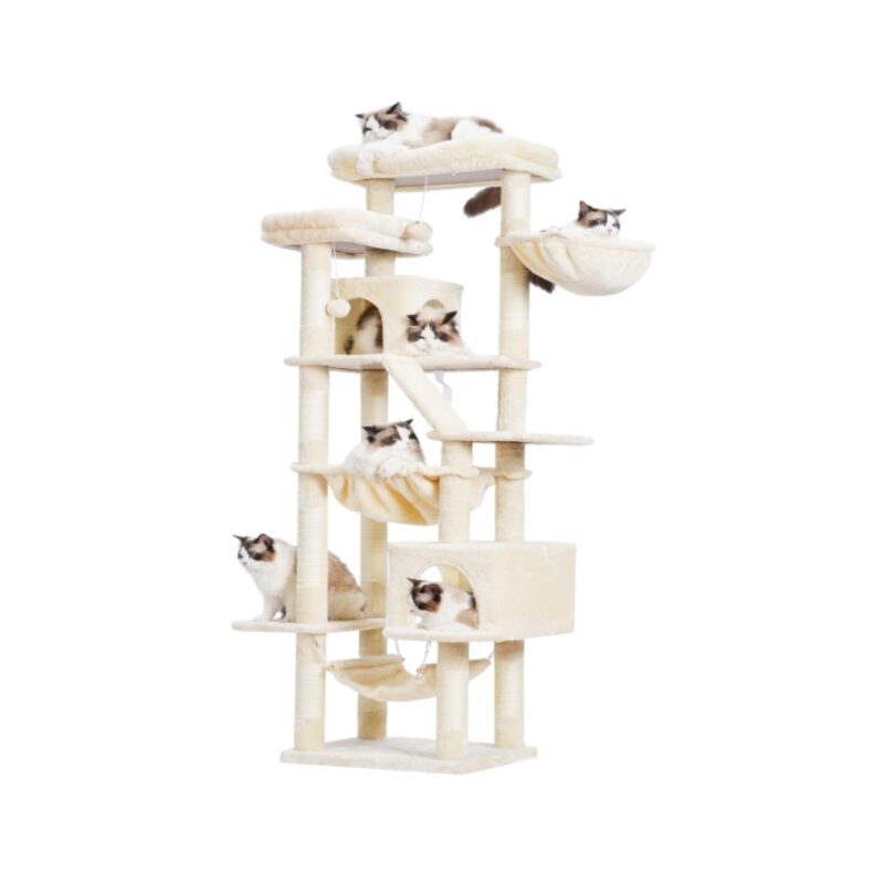 Heybly cat tree tower in beige with condos and scratching pad indoor furniture