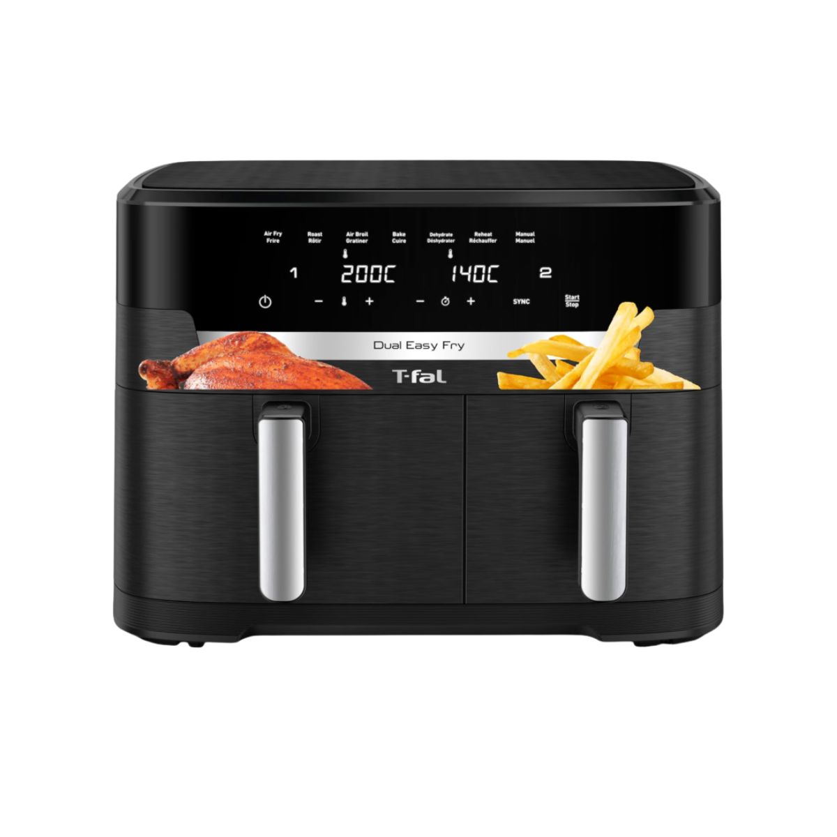 Dual Air Fryer - T-fal Black T-fal dual air fryer in black with 11.6 quart capacity and dual basket design
