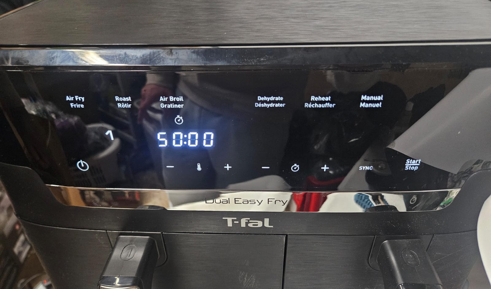 T-fal dual air fryer in black with 11.6 quart capacity and dual basket design