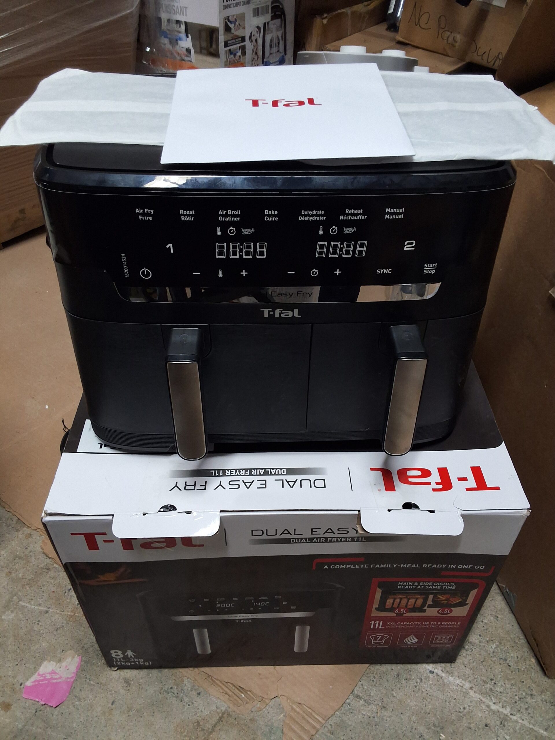 T-fal dual air fryer in black with 11.6 quart capacity and dual basket design