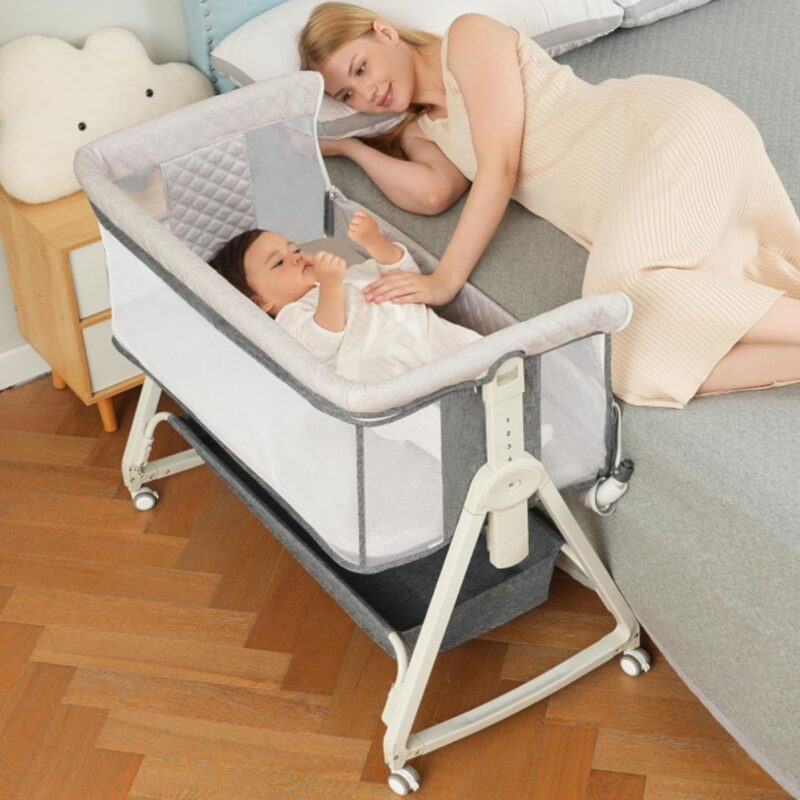 MEICHYUN baby bassinet bedside sleeper in grey with wheels and storage basket