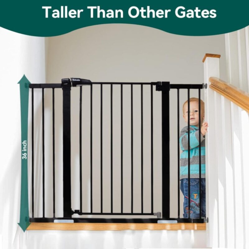 Mom'S extra tall metal baby gate in black finish, pressure mounted