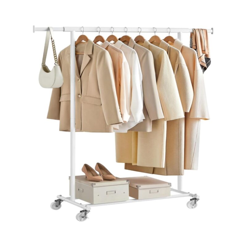 SONGMICS clothes rack with wheels in white for heavy-duty garment hanging