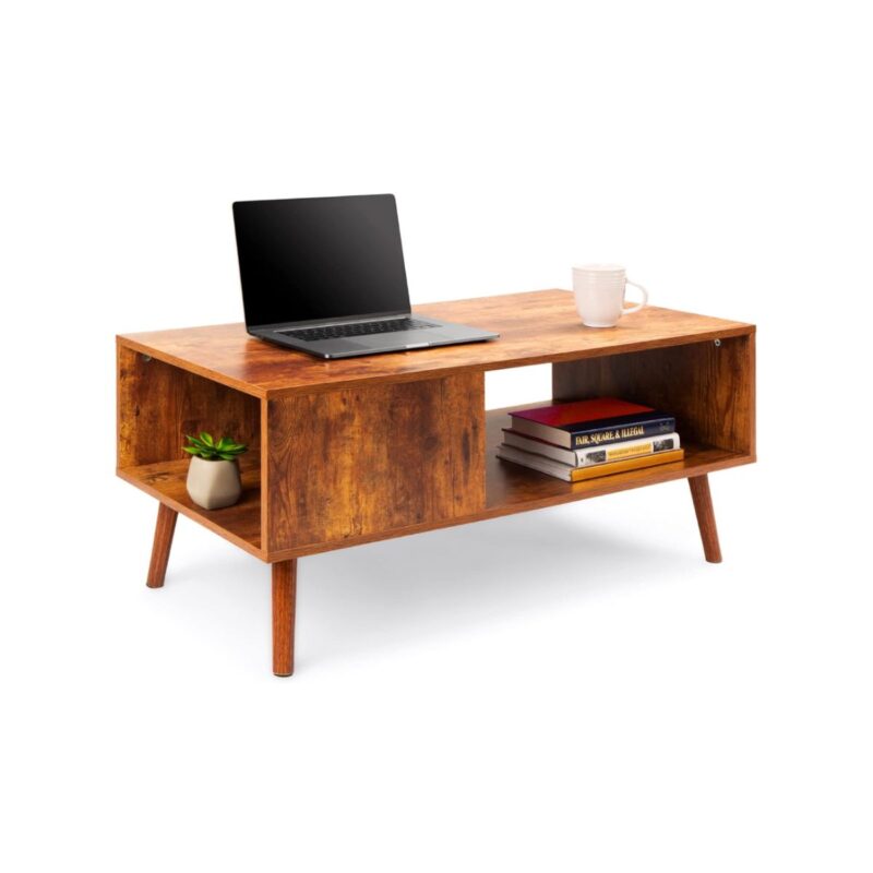 Laurel solid wood coffee table in rustic brown finish with storage shelf