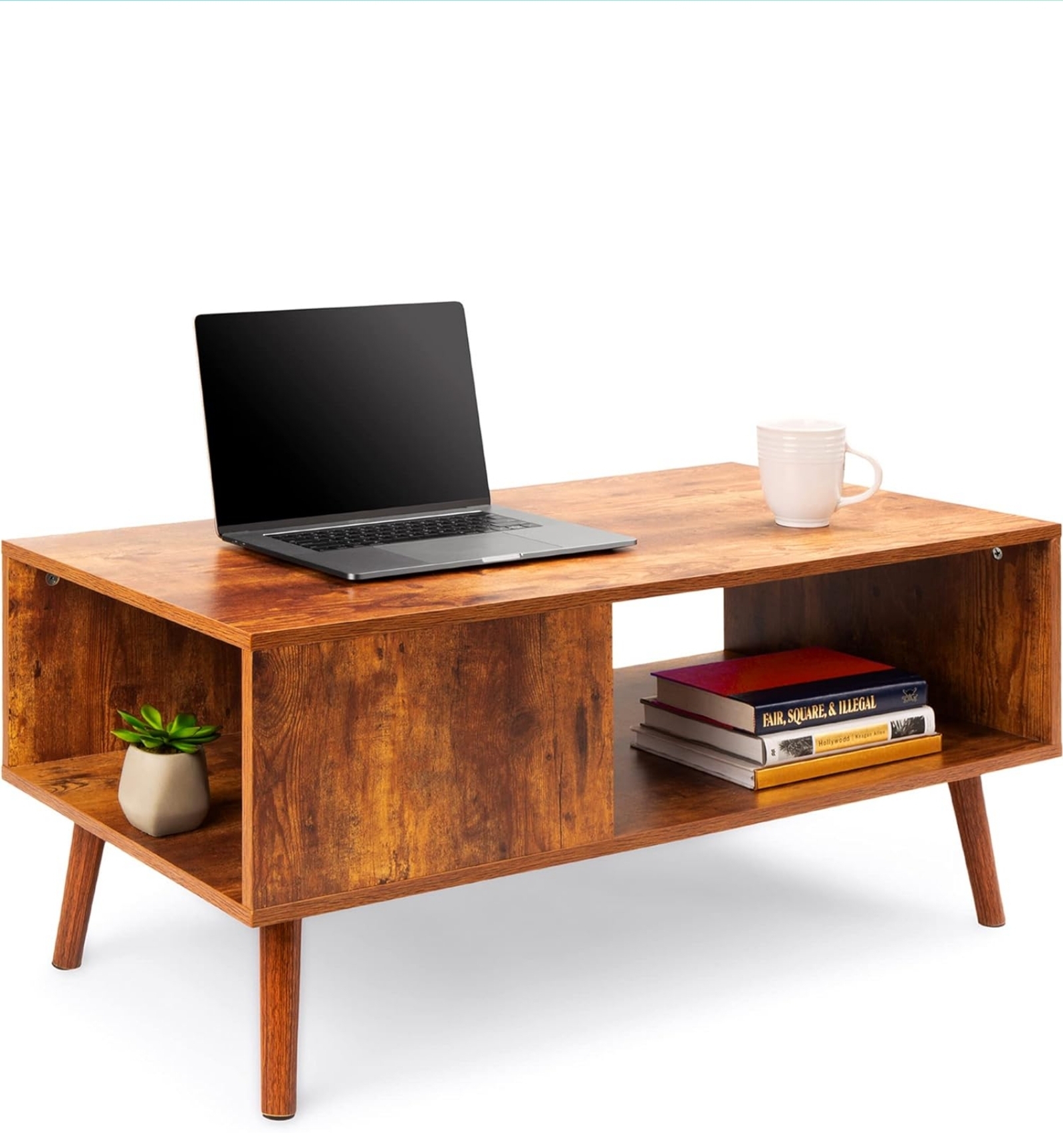 Laurel solid wood coffee table in rustic brown finish with storage shelf