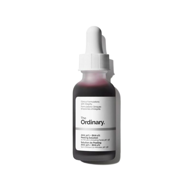 The Ordinary peeling solution in clear bottle with professional photography