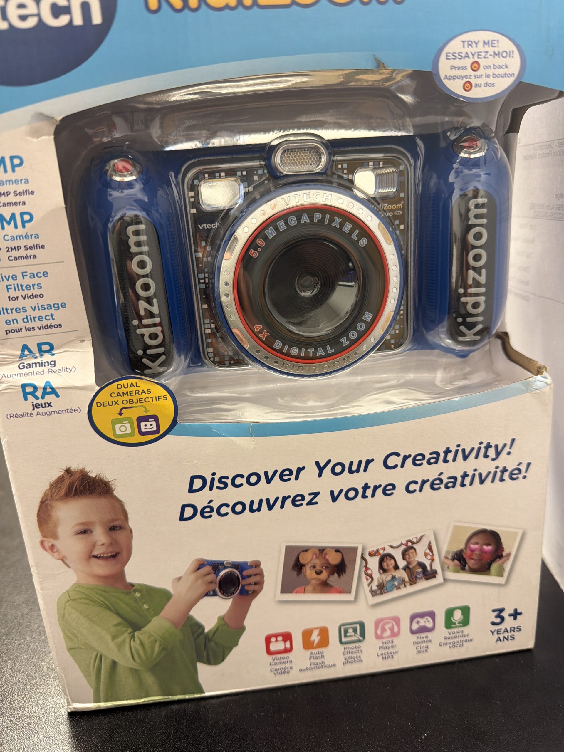 VTech digital selfie camera in blue with dual lenses