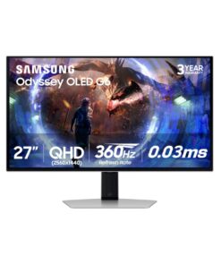 Samsung oled gaming monitor in sleek silver design with 360Hz refresh rate